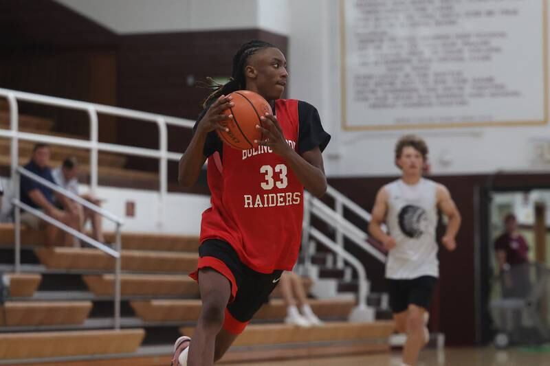 A Bolingbrook player looks to make a play against Sandwich at the 37th Morris Boys Shootout on Tuesday, June 25, 2024.