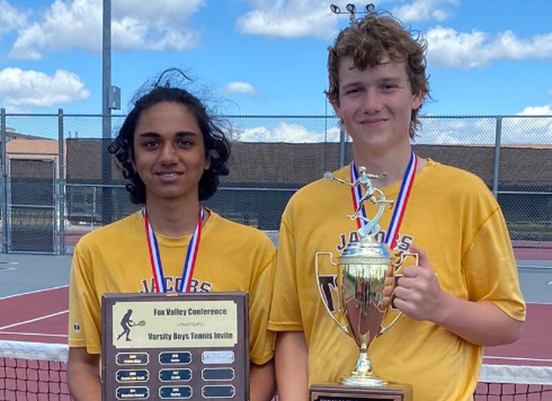 Jacobs' Soham Kalra (left) and Augie Nelson won the No. 1 doubles title at the Fox Valley Conference Boys Tennis Tournament.