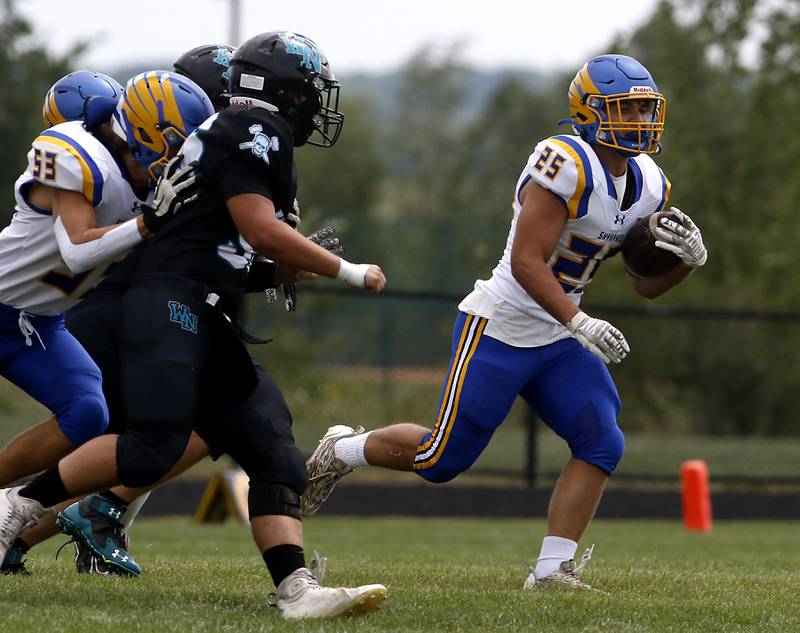 Johnsburg's Brett Centnarowicz runs with the ball during a Kishwaukee River Conference football game against Woodstock North Saturday, Aug. 26, 2023, at Woodstock North High School.