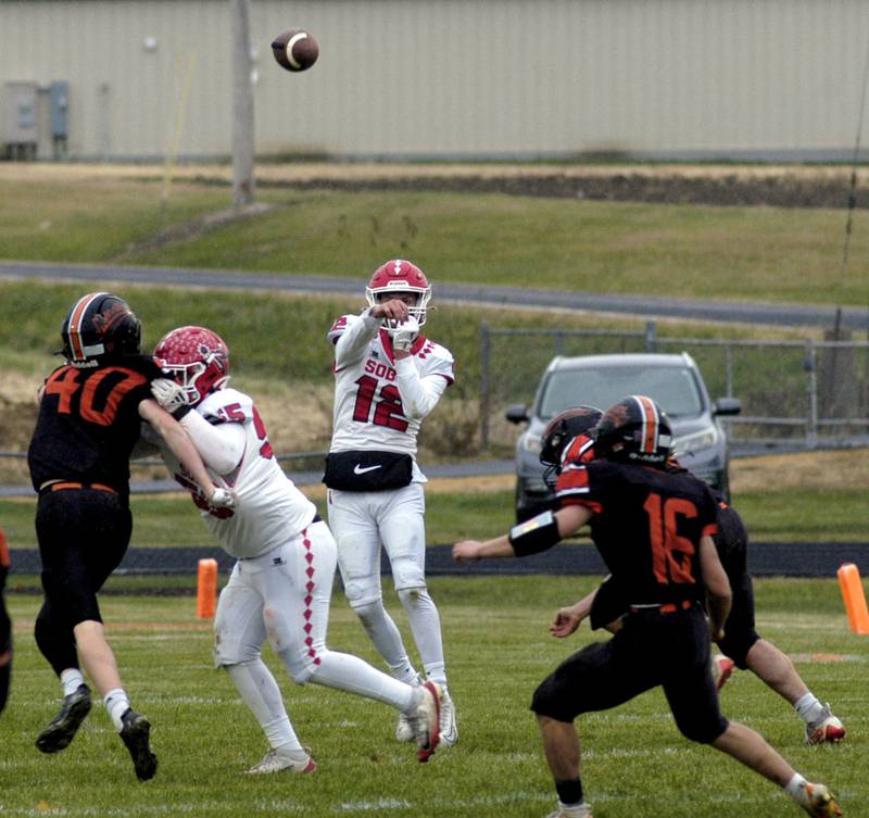 S. Beloit QB Lander Reed lets a pass fly. The Milledgeville Missles defeated the South Beloit SoBos 22-6 in Round 2 of the I8FB playoffs. The game took place at Milledgeville on Saturday, November 8th, 2025