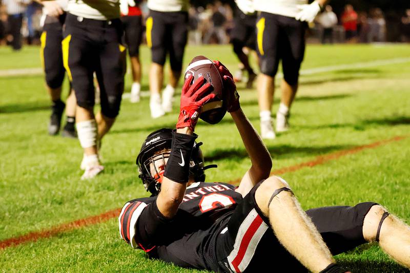 Erie Prophetstown Panthers Connor Keegan shows the officials that he did in fact catch the ball in the end zone to put the Panthers back in the lead during their conference game against the visiting Riverdale Rams on Friday, October. 3, 2025. With that victory, it moved the Panthers to 4-2 on their season.