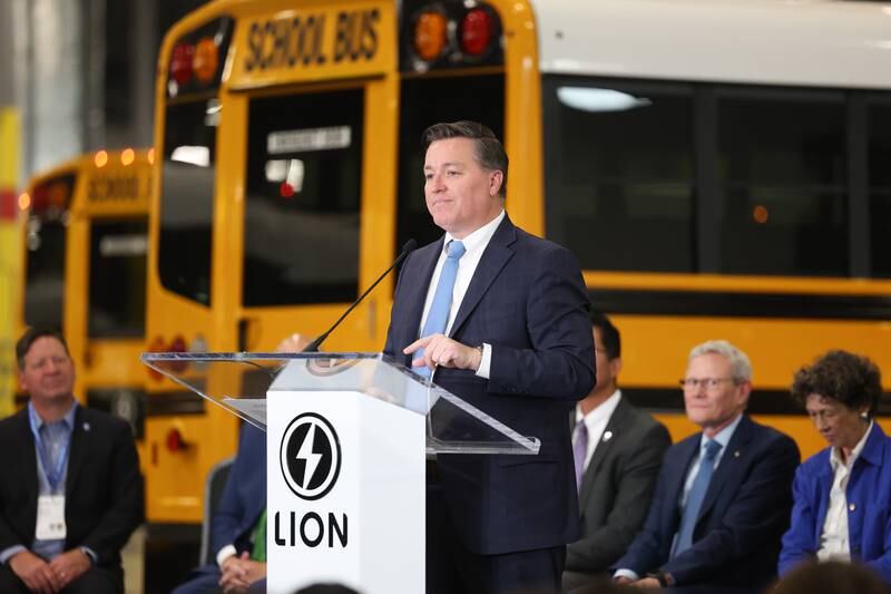 Doug Pryor, President and CEO of the Will County Center for Economic Development, speaks at the grand opening of the Lion Electric manufacturing facility on Friday, July 21st, 2023 in Joliet.