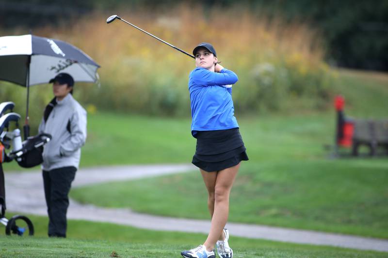 Geneva’s Joanna Brylka tees off during the DuKane Conference Girls Golf Championship on Tuesday, Sept. 24, 2024 at Phillips Park Golf Course in Aurora.