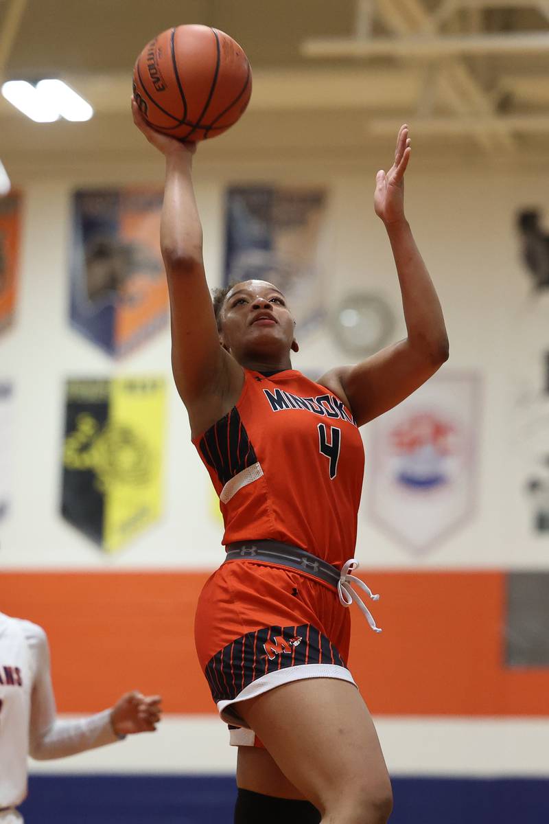 Minooka’s Makenzie Brass goes in for the layup against Romeoville on Tuesday January 24th, 2023.