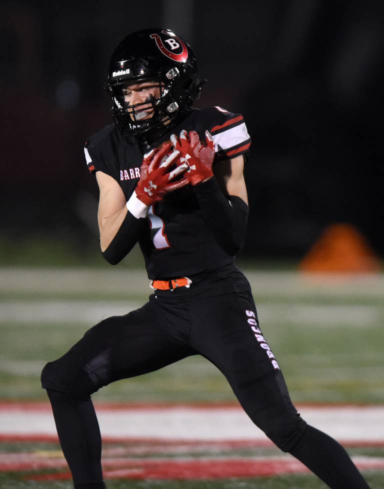 Joe Lewnard/jlewnard@dailyherald.com
Barrington’s Will Nazha catches a pass that he carried for a touchdown during the Class 8A football quarterfinal game against Maine South at Saturday.