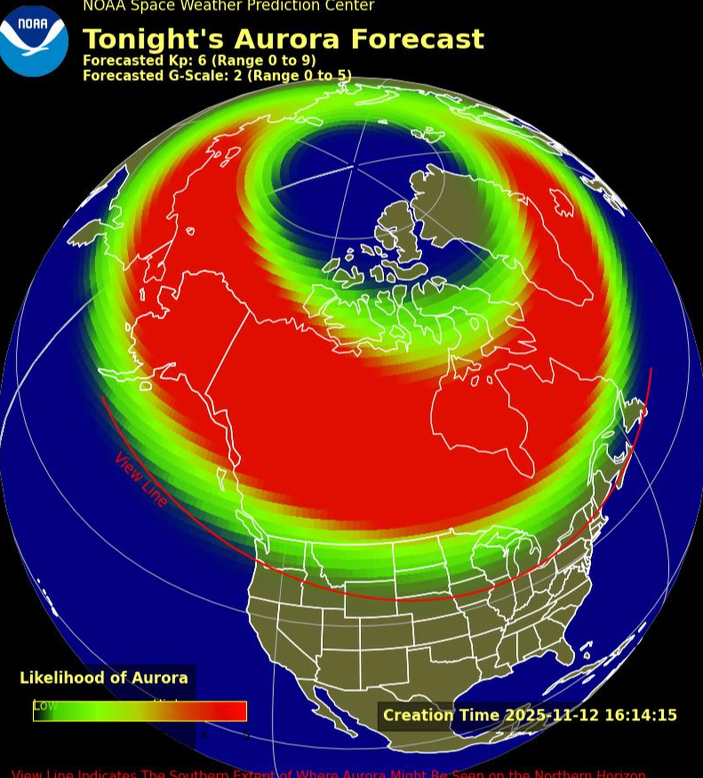 The forecast for the auroras for North America Nov. 12, 2025.