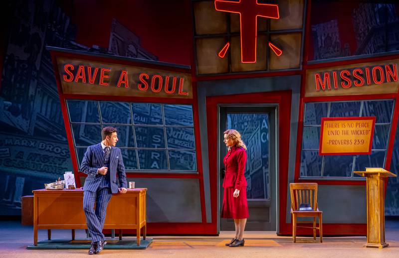 Pepe Nufrio and Erica Stephan as Sky Masterson and Sarah Brown in "Guys and Dolls" 2024 Drury Lane Theatre in Oakbrook Terrace - Photo Credit Brett Beiner.