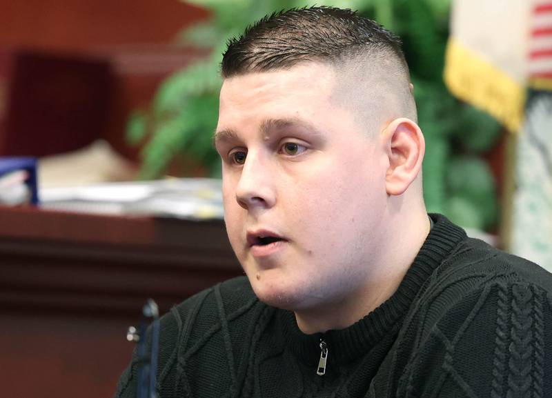 James Corralejo, of DeKalb, testifies in Judge Philip Montgomery’s courtroom Monday, April 29, 2024, during a hearing on his case at the DeKalb County Courthouse in Sycamore. Prosecutors alleged Corralejo, on release pending charges that he drove drunk and caused a Nov. 5, 2023, crash that killed DeKalb woman Graciela Reza Contreras, 59, tampered with his ankle monitor after it detected alcohol six times in March and April.