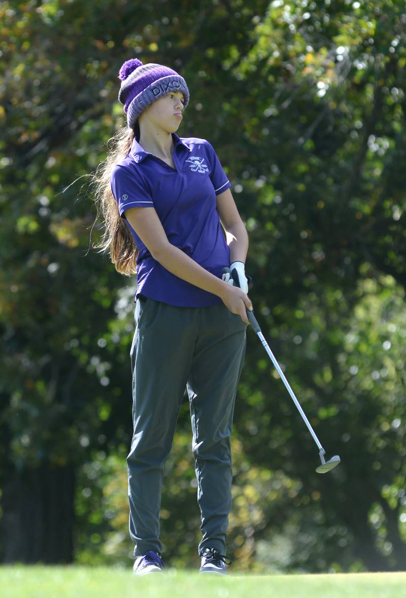 Dixon's Zoey Williams reacts to a shot at the 1A regional at Wolf Hollow Golf Course in Lena on Tuesday, Oct. 1, 2024.