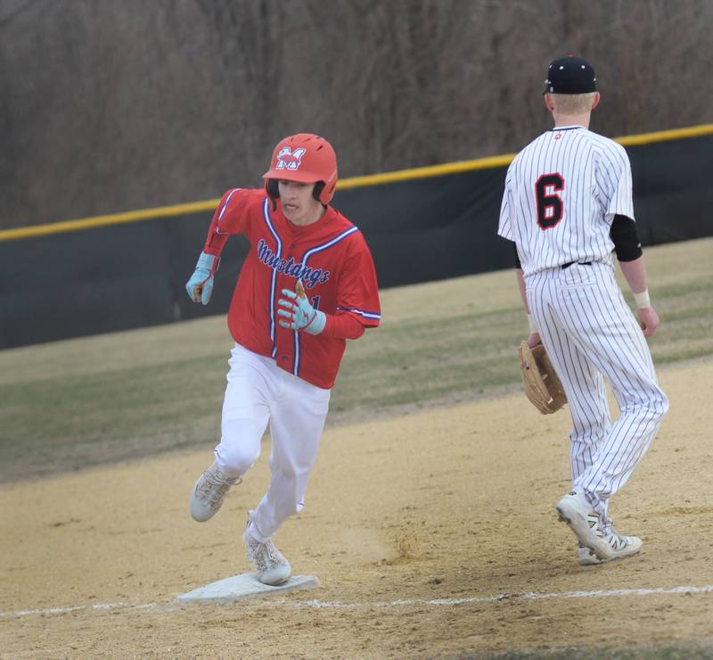 Morrison's Koltin Swaim rounds third and heads for home against Fulton on Friday, March 21, 2025 at Drives Field in Fulton.