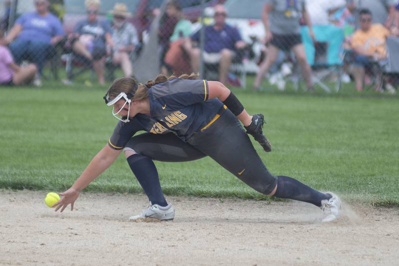Sterling’s Carley Sullivan reaches for a ball that took a bad hop Saturday, May 28, 2022.