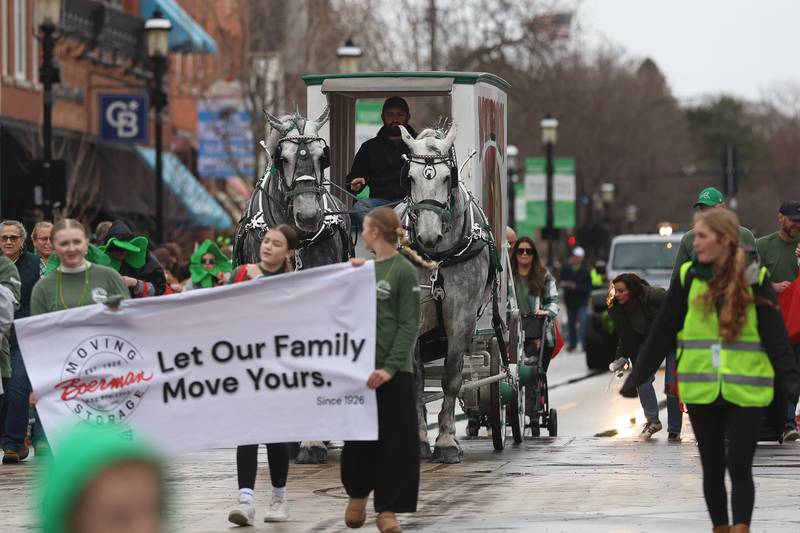 Boerman Moving Storage partakes in the the annual Plainfield Hometown Irish Parade with a horse drawn carriage on Sunday, March 15, 2026 in Plainfield.