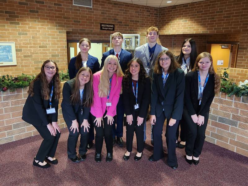 Coal City High School students attending the Central Northern Area FBLA Conference were (from left, front row) Tess Jeschke, Penny D’Arcy, Lauren Jacovec, Addison Smith, Abi Rose and Grace Sitar; and (back row) Jaycee Chase, Wyatt Chase, Hayden Kennell and Reagan Stupak.