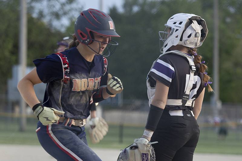 Belvidere North’s Miley Dobbs comes in to score against Dixon Tuesday, May 27, 2025, during a Class 3A Regional softball game in Dixon.