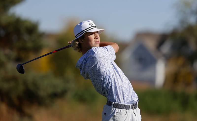 Tyler Samaan	 of Central tees off at the IHSA Class 2A Kaneland boys golf sectional  Monday, Oct. 7, 2024 at at Hughes Creek in Elburn.