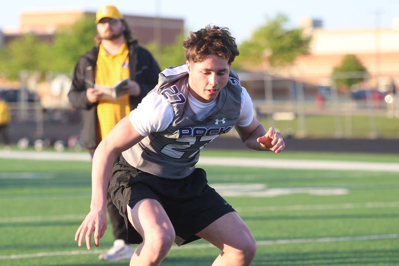 Oswego East’s Jack Ponto runs a drill at the IHSA Southwest Suburb Showcase combine on Thursday, May 7, 2026 at Plainfield North High School.