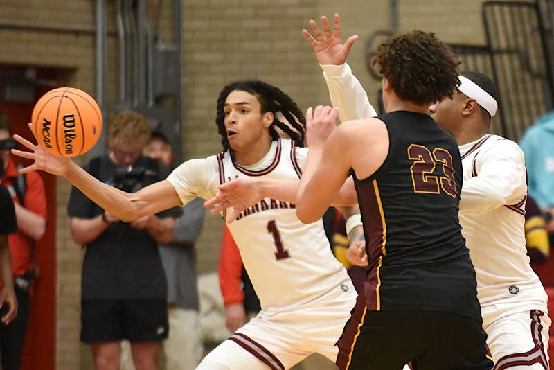 Kankakee's Lincoln Williams intercepts an East Peoria pass during the IHSA Class 3A Ottawa Sectional semifinals Wednesday, March 4, 2026.