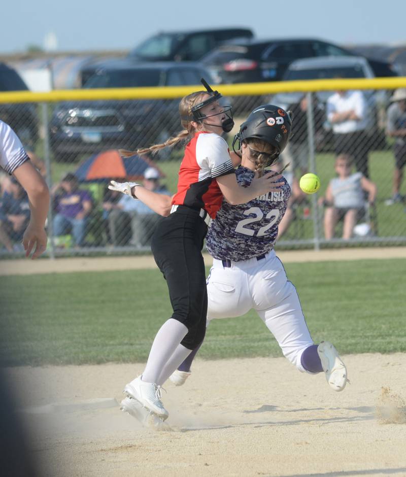 Forreston's Alaina Miller collides with Orangeville's Meghan Carlisle at second base during the 1A Forreston Sectional on Tuesday, May 23, 2023. The Cardinals lost the game 9-1.