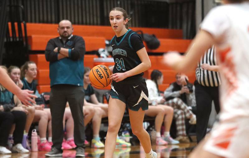 Woodstock North’s Gwen Lalor moves the ball in varsity girls basketball on Monday, Jan. 26, 2026, at Crystal Lake Central High School in Crystal Lake.