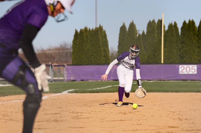 Manteno's Savanna Watkins field the ball at third base during the Panthers' 9-7 victory over Wilmington on Tuesday, April 8, 2025.