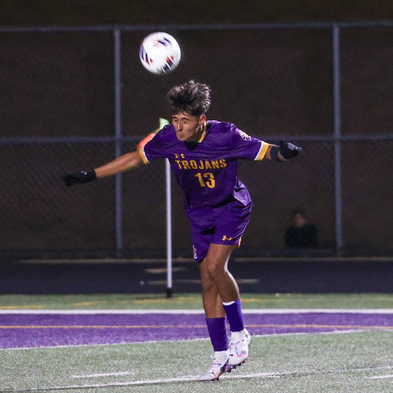 Sebastian Carlos of Mendota hits ball with head on Saturday, November 2, 2024 at Richard E. Phalen, SR. Field in Mendota.