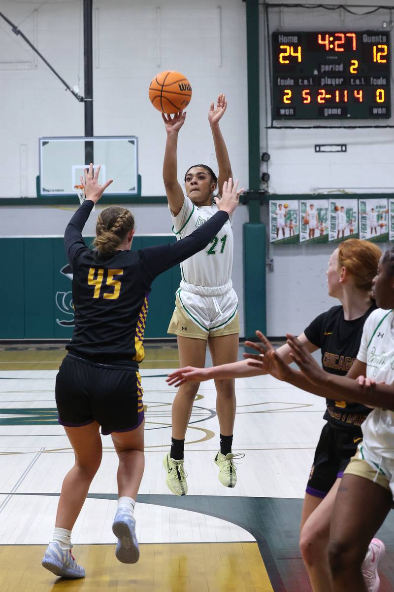 Bishop McNamara's Keneyce Davis shoots during the Fightin' Irish's 67-27 victory over Chicago Christian on Monday, Jan. 26, 2026.