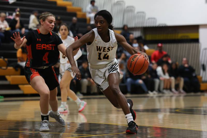 Joliet West’s Destiny McNair drives to the paint against Plainfield East on Thursday, February 2nd.