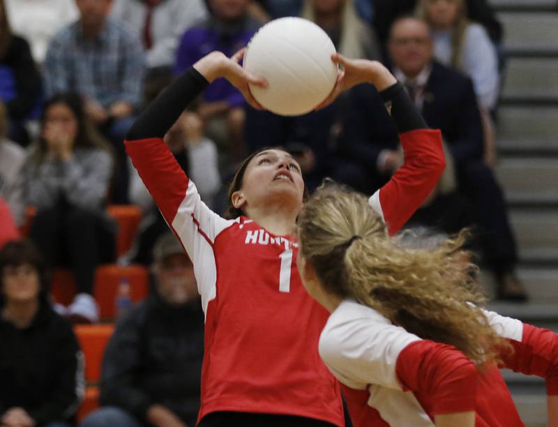 Huntley's Maggie Duyos sets the ball during the IHSA Class 4A Harlem Sectional Championship volleyball match Wednesday, Nov. 2, 2022, between Huntley and Hononegah at Harlem High School in Machesney Park.