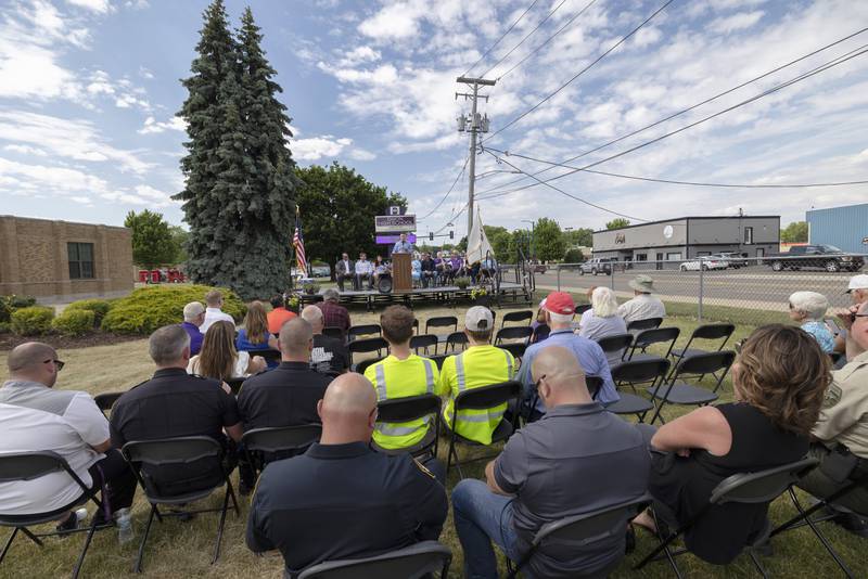 State Sen. Win Stoller speaks to the crowd during a ceremony naming of the road in front of Dixon High School as “Mark Dallas Way” on Tuesday, May 30, 2023.