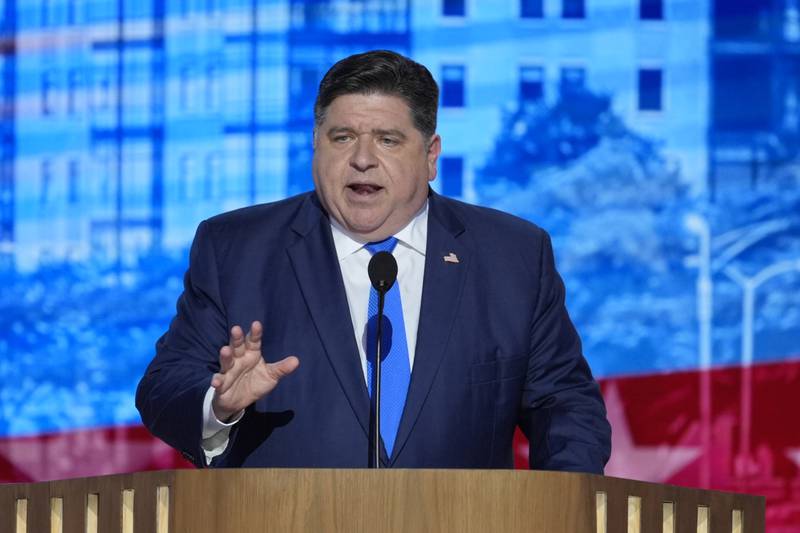 Illinois Gov. JB Pritzker speaking during the Democratic National Convention Tuesday, Aug. 20, 2024, in Chicago. (AP Photo/J. Scott Applewhite)