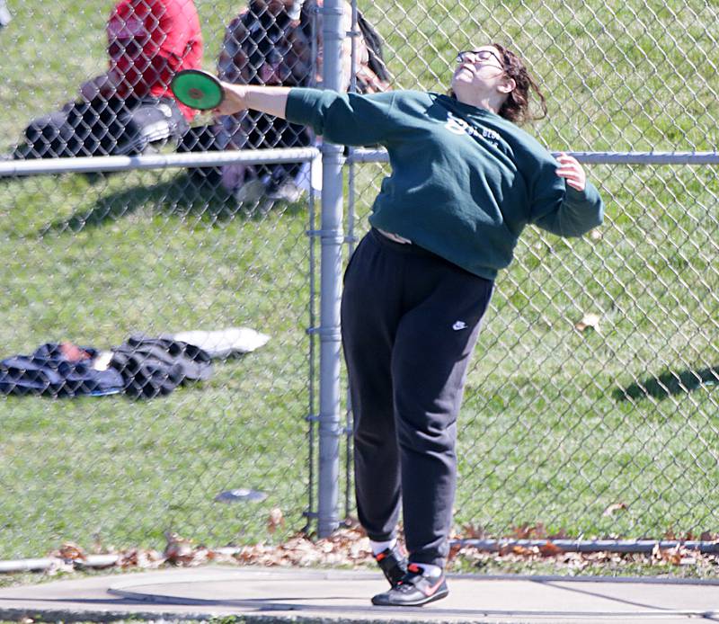 St. Bede's Jaden Hart throws discus during the Rollie Morris Invite on Saturday, April 16, 2022 at Hall High School in Spring Valley.