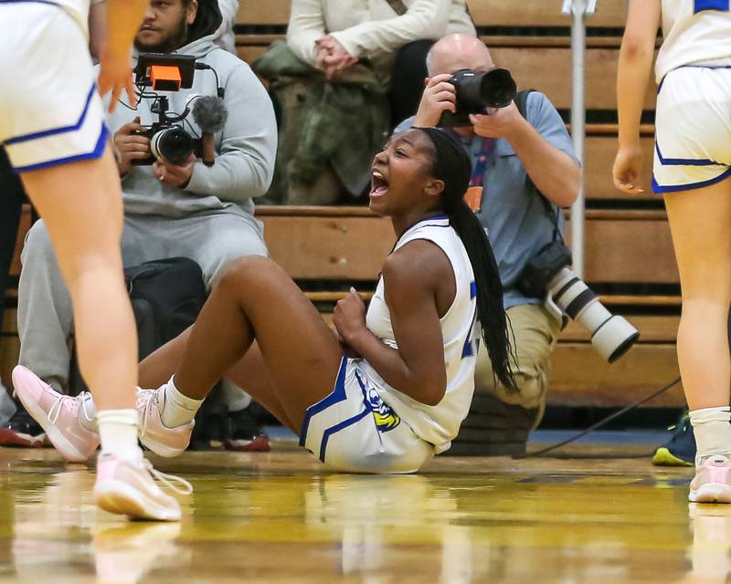 Lyon's Nora Ezike (25) reacts after making a shot while being fouled during their Class 4A Lyons Sectional semifinal basketball game between Lyons vs Young. Feb 25, 2025 in La Grange.