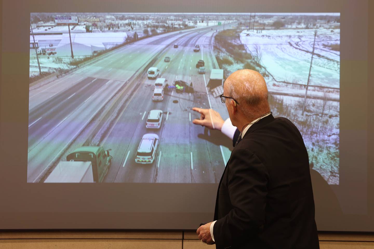 Special Prosecutor William Elward goes over an aerial photo of the accident scene during the Erin Zilka trial at the Will County Courthouse on June 27th, 2023 in Joliet. The former Joliet police officer Erin Zilka is on trial on aggravated DUI charges following a deadly 2020 crash where her passenger, Berwyn police officer Charles Schauer, 33, of Glen Ellyn, was killed.