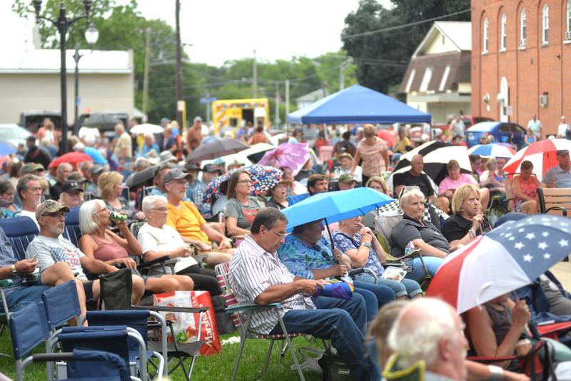 A light rain fell on a portion of the Jamboree Concert Series in Mt. Morris as the Chicago Tribute Anthology band returned to the band shell stage on Friday, July 25, 2025 re-creating many of the songs from Chicago, the classic rock band.