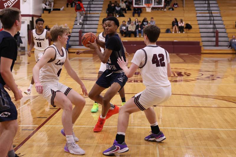 Plainfield South’s Jordan West drives to the basket against Lockport on Wednesday January 25th, 2023.