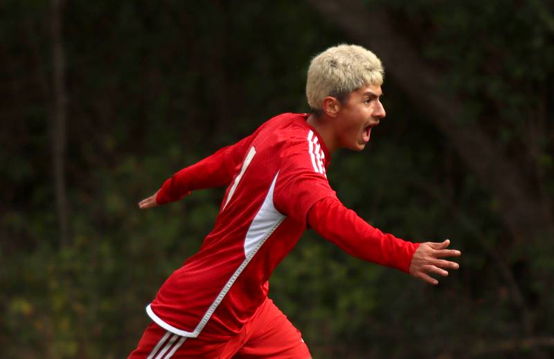 Dundee-Crown’s Hugo Arista sprints away after his second goal of the day against St. Charles East in IHSA Class 3A Regional Championship soccer at Dundee-Crown High School in Carpentersville on Saturday, October 25, 2025.