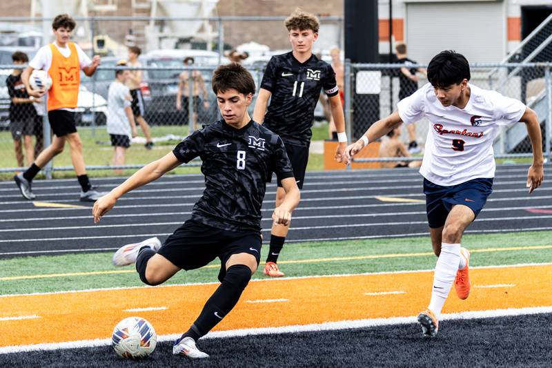 Minooka's Armani Davenport gets ready to kick during a varsity soccer home game against Romeoville on Sept. 23, 2025.