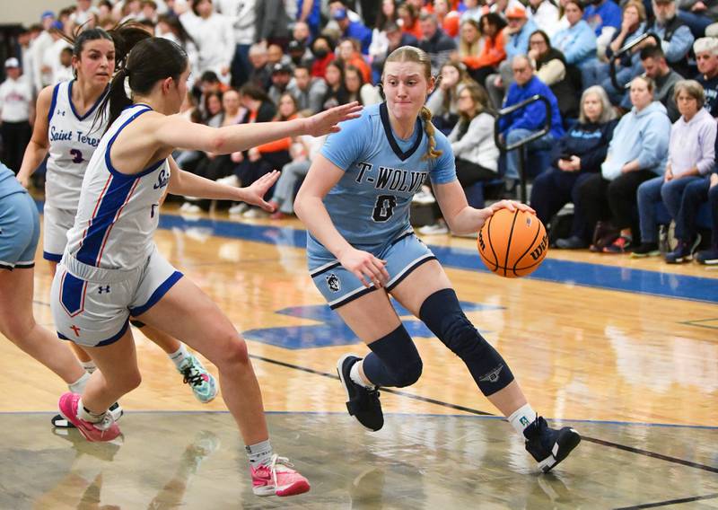 Cissna Park's Addison Lucht drives to the basket during the Timberwolves' 47-35 victory over St. Teresa in the IHSA Class 1A Blue Ridge Super-Sectional on Monday, March 3.