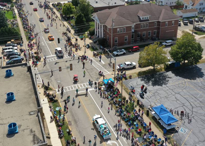 An aerial view of the 54th annual Homestead Festival parade as it passes in front of City Hall on Saturday, Sept. 6, 2025 in Princeton.