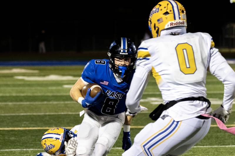Lincoln-Way East's Matt Orban makes a nice move during a varsity football game against Sandburg at Lincoln-Way East on Oct. 23, 2025.