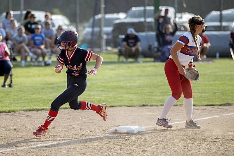 West Central’s Bailie Ferguson rounds third to score the only run of the game against Morrison on Wednesday, May 24, 2023 during their Class 1A sectional semifinal at St. Bede Academy.