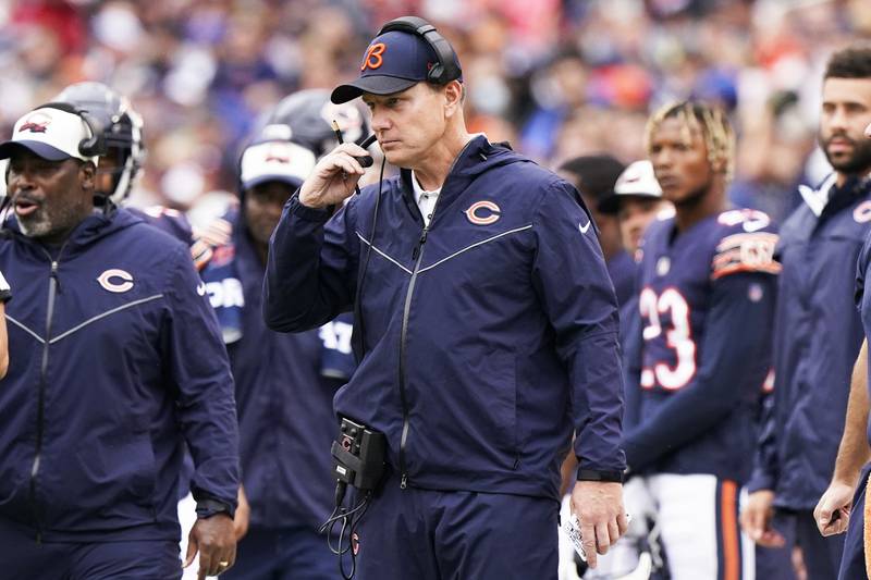 Chicago Bears head coach Matt Eberflus looks on during the first half against the San Francisco 49ers, Sunday, Sept. 11, 2022, in Chicago.