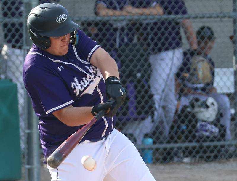 Serena's Carter Meyer makes contact with the ball against St. Bede on Friday, April 24, 2026 at St. Bede Academy.