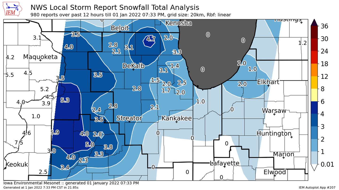 National Weather Service snowfall totals as of 7:33 for the New Year's Day winter storm that hit northern Illinois.