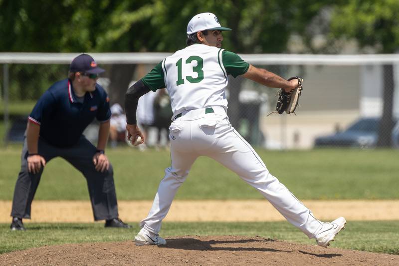 (13) Ranbir Saini of St. Bede pitches on Saturday, May 24, 2025 at Stark County High School in Toulon.