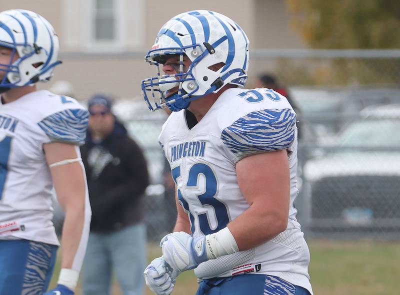 Princeton's Rhett Pearson reacts after making a play against Central Catholic durring the Class 3A playoffs on Saturday, Nov. 1, 2025 at Central Catholic High School in Bloomington.