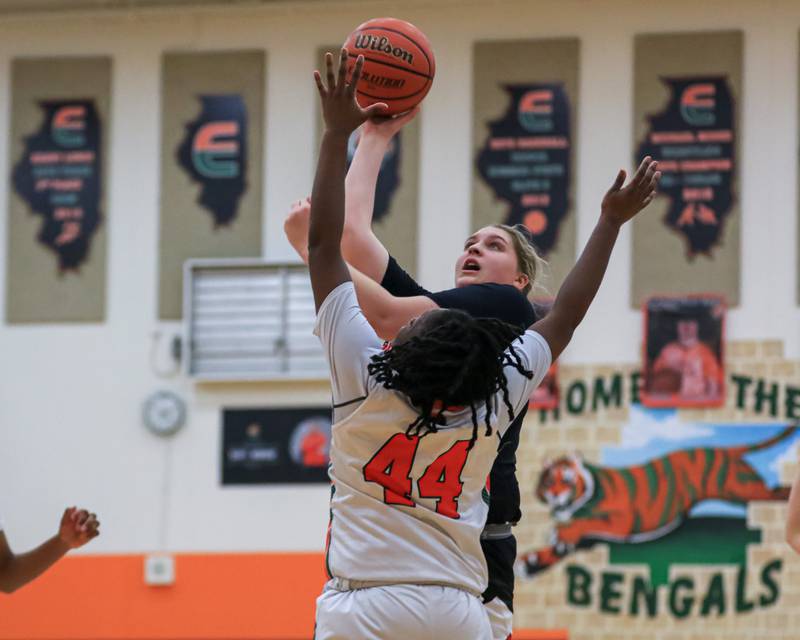 Yorkville's Madison Spychalski (35) puts up a shot during varsity basketball game between Yorkville at Plainfield East.  Jan 3, 2023.