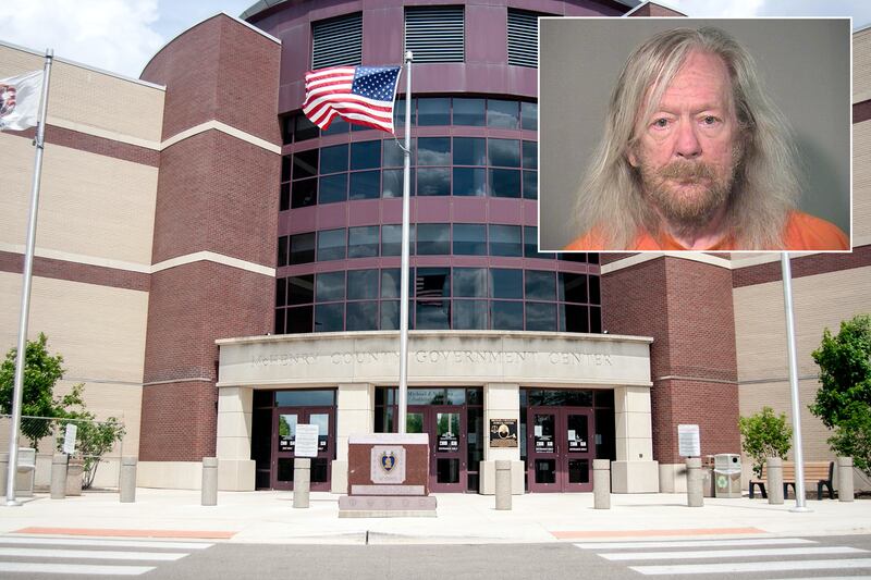 Inset of Lorin Volberding in front of Northwest Herald file of McHenry County courthouse.