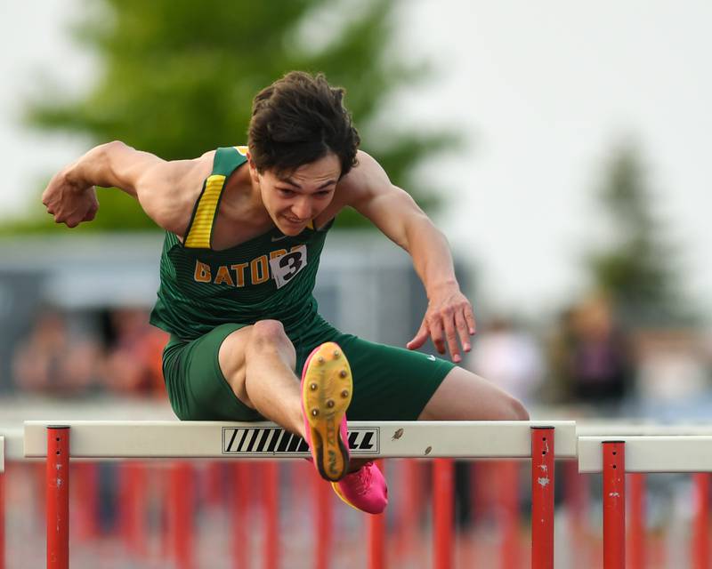 Carter Alvarado of Crystal Lake South competes in the 110 hurdles Thursday May 17th during the sectional meet held at DeKalb High School.