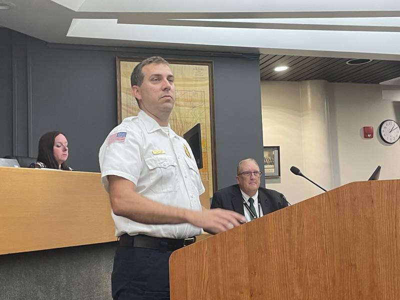Utica Fire Chief Ben Brown appeals to the La Salle County Board to purchase an EMA command vehicle during the board's meeting on Thursday, July 11, 2024. Brown may get his wish; the board agreed Thursday to go out for bids.